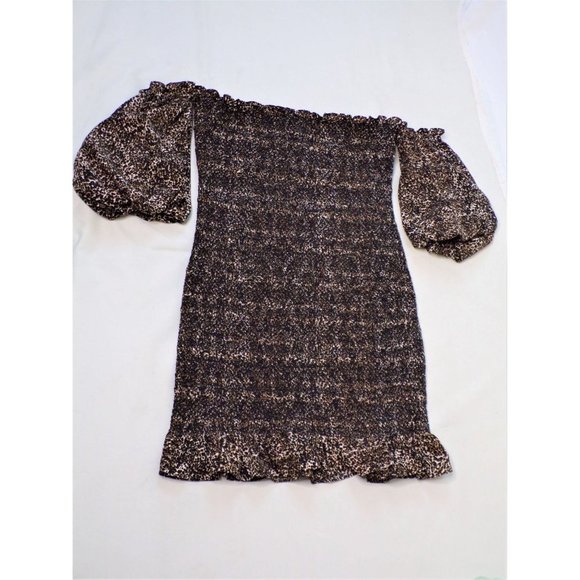 TOPSHOP Off Shoulder Puff Sleeve Leopard Print Smocked Mini Dress 8 NEW - Picture 9 of 10